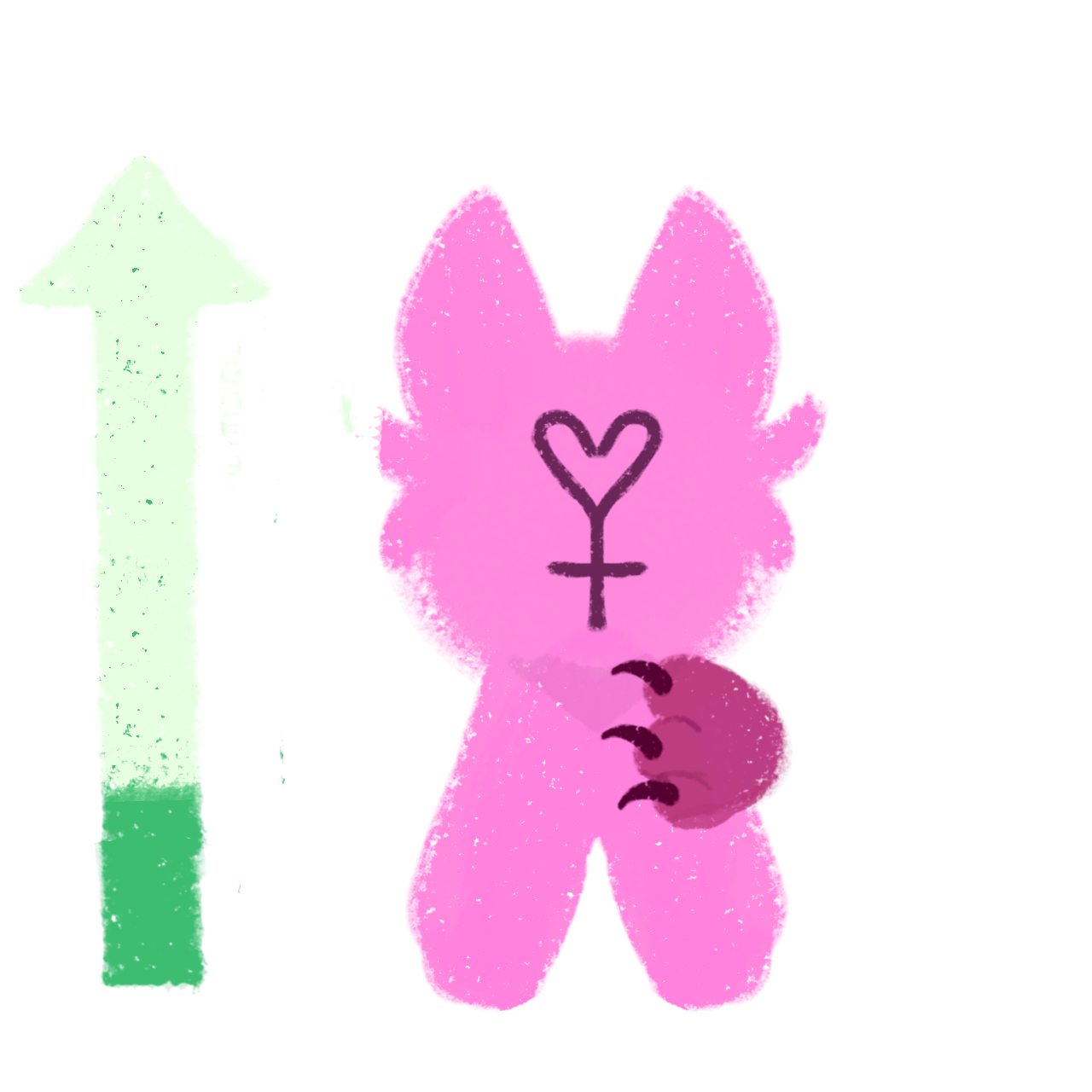 a pink, rounded figure with large pointed ears resembling a stylized animal or plush toy. A heart-like symbol with a cross underneath, indicating femininity, is drawn on the face and she has a paw pointed to herself, A green arrow points upwards indicating a younger age.